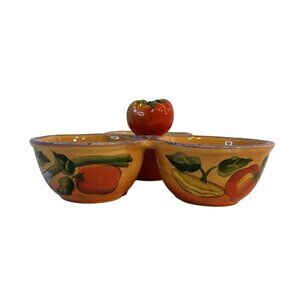 Clay Art TriBowl Tomato Topper Condiment Holder Handpaint Fruit & Veggie Design